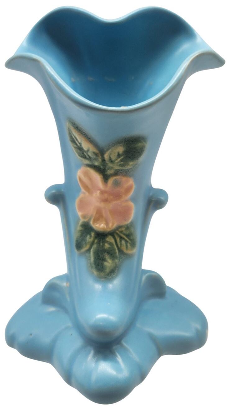 VINTAGE WELLER ART POTTERY BLUE CORNUCOPIA VASE